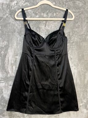 Victoria's Secret VS Gold Logo Hardware Black Satin Bustier Slip/Dress Size L